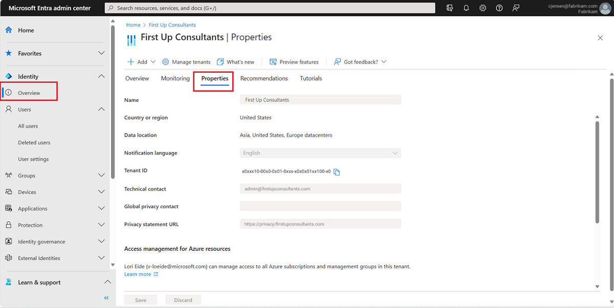 Screenshot of Microsoft Entra ID - Identity Properties overview.