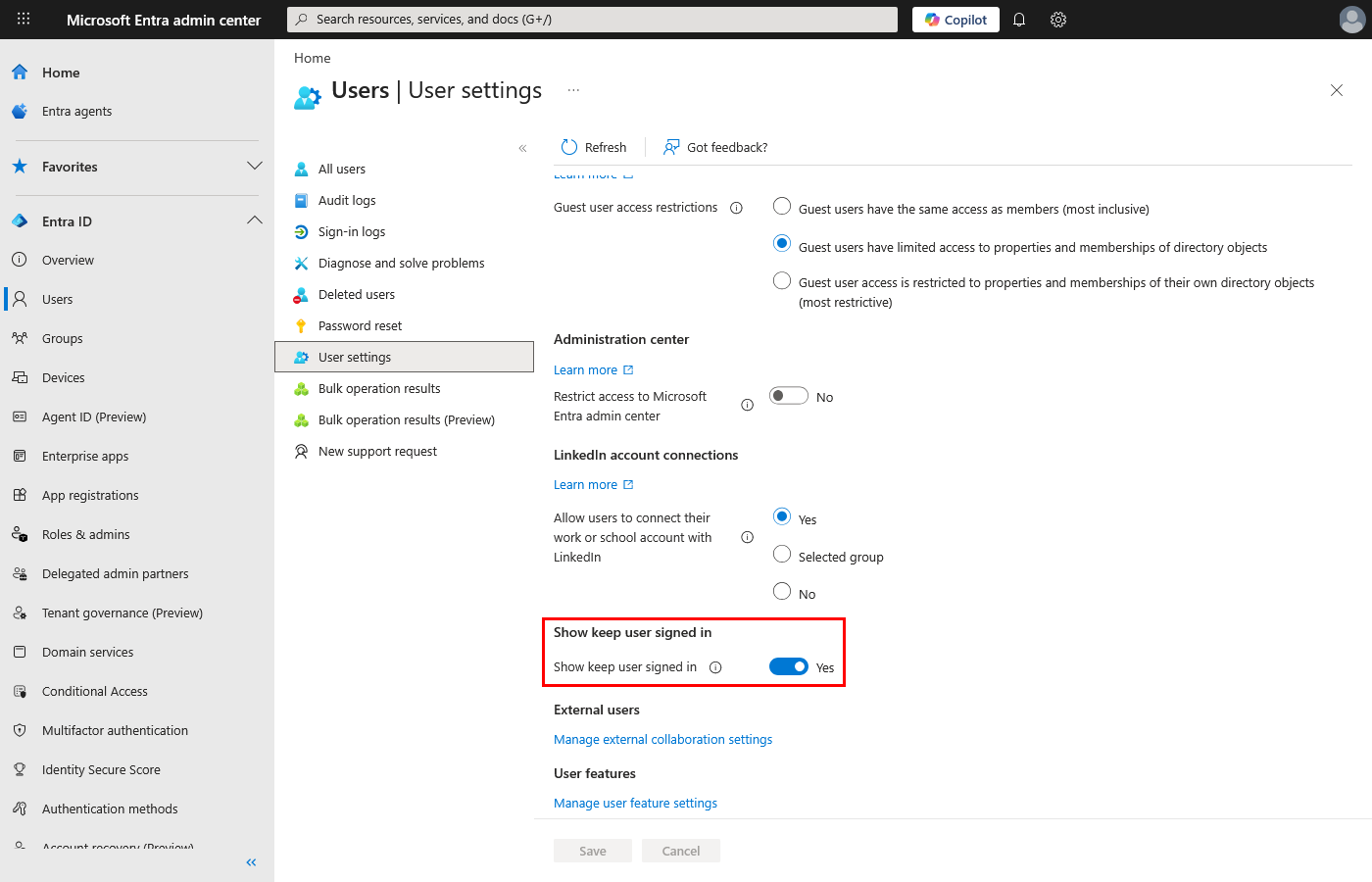 Screenshot that shows the User settings page in Microsoft Entra ID with the Show keep user signed in toggle highlighted.