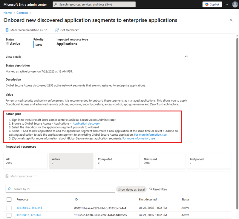 Screenshot of the impacted resources and the recommended action plan.