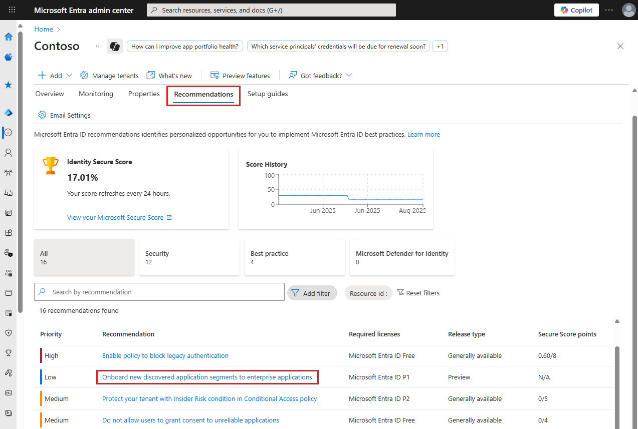 Screenshot of the Recommendations tab, showing the recommendation to onboard new discovered application segments to enterprise applications.