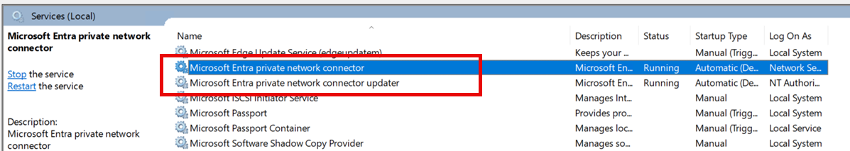 Screenshot that shows the private network connector and connector updater services in Windows Services Manager.