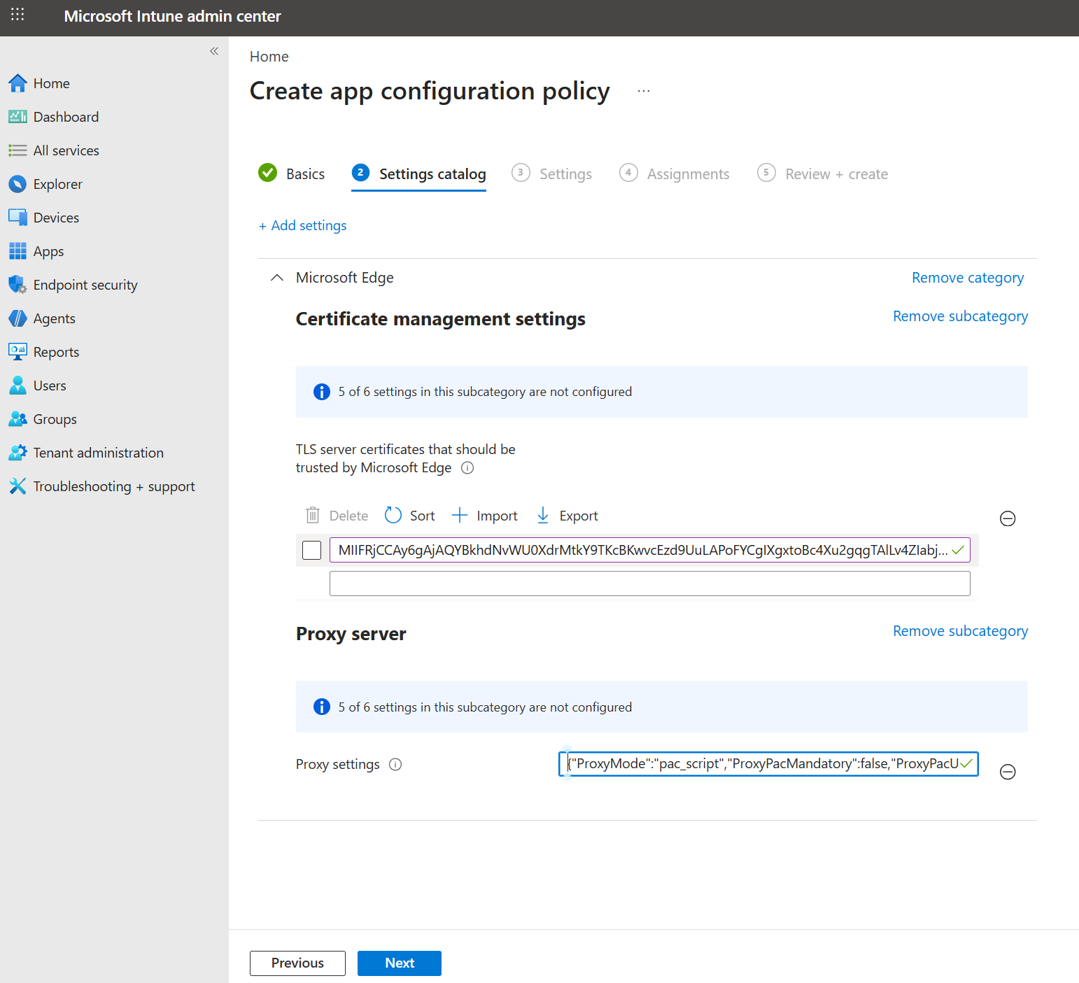Screenshot that shows a completed proxy and certificate configuration.