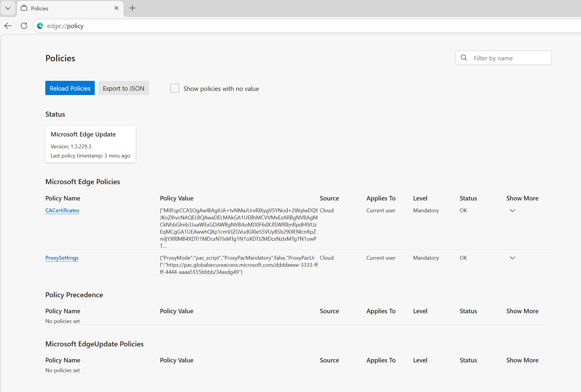 Screenshot that shows configured Microsoft Edge policy settings for Explicit Forward Proxy.
