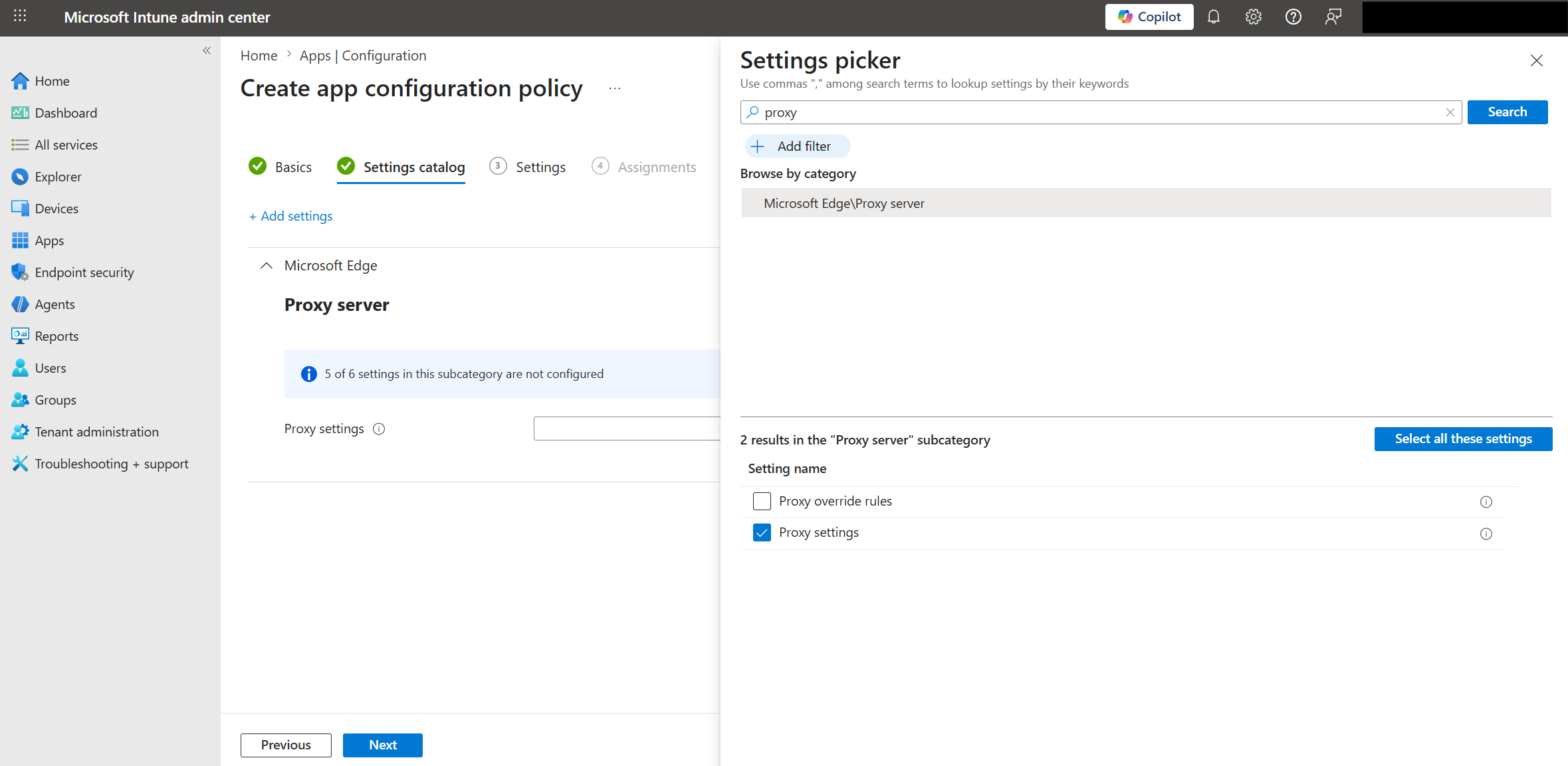 Screenshot that shows the configuration of proxy settings.