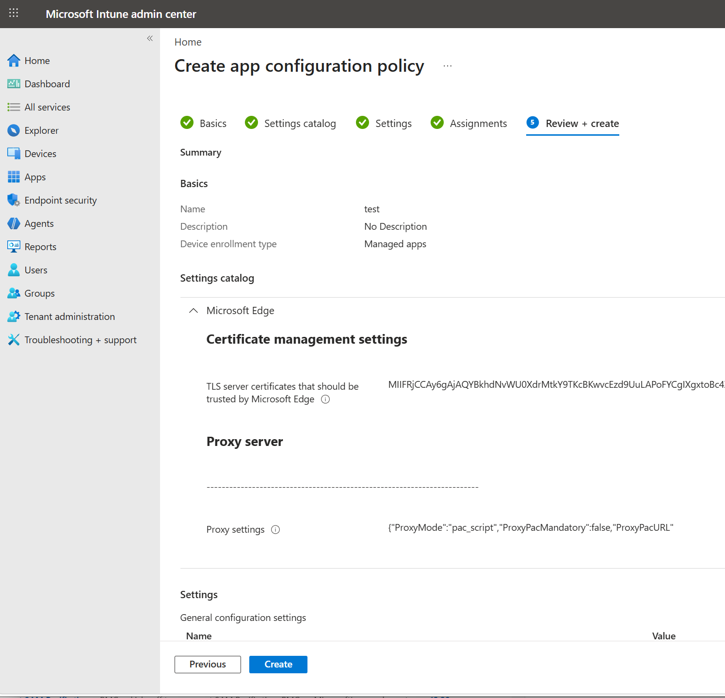 Screenshot that shows the tab for reviewing and creating a configured policy.