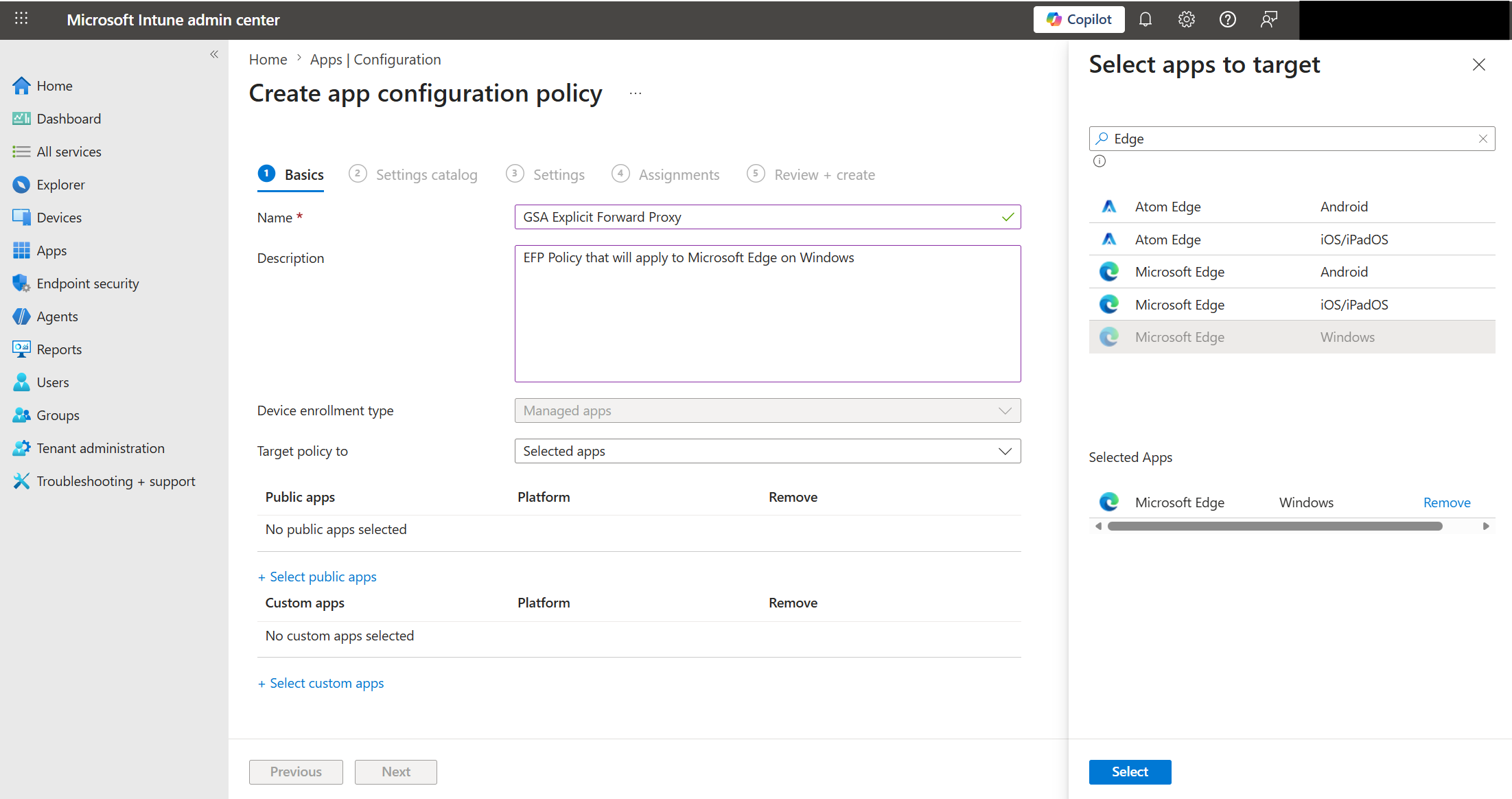 Screenshot that shows Microsoft Edge and Windows selected for a public app.