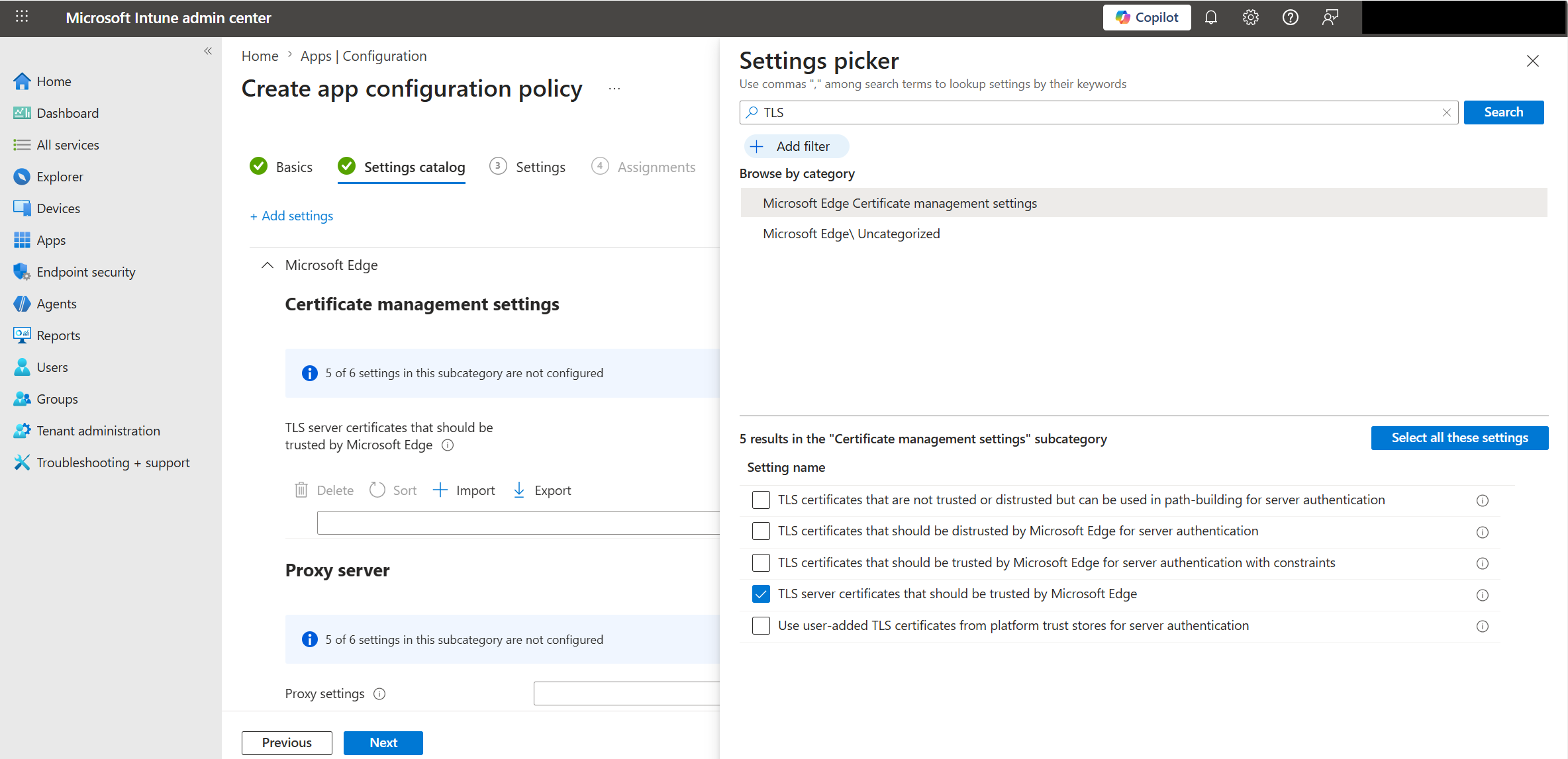 Screenshot that shows the configuration of TLS certificate settings.