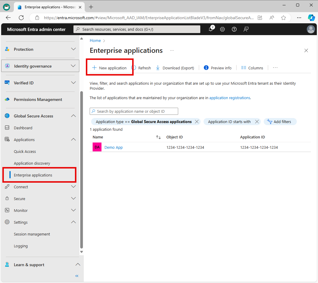 Screenshot that shows the Enterprise apps and Add new application button.