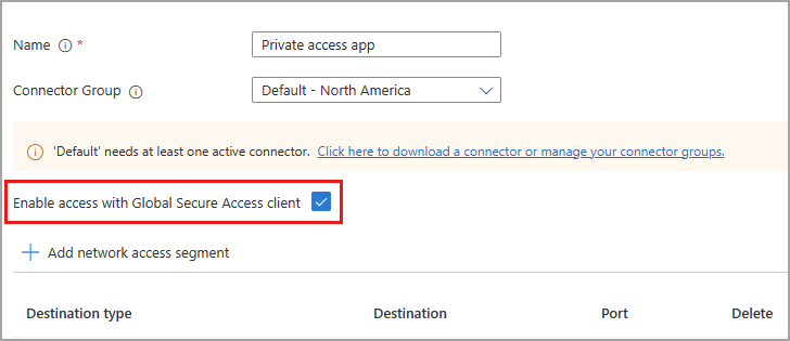 Screenshot that shows the enable access checkbox.
