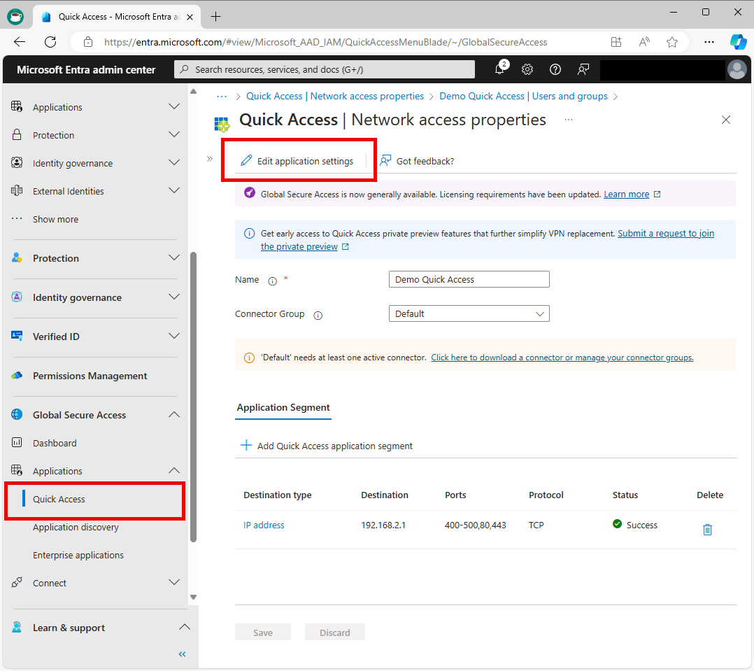 Screenshot that shows edit application settings.