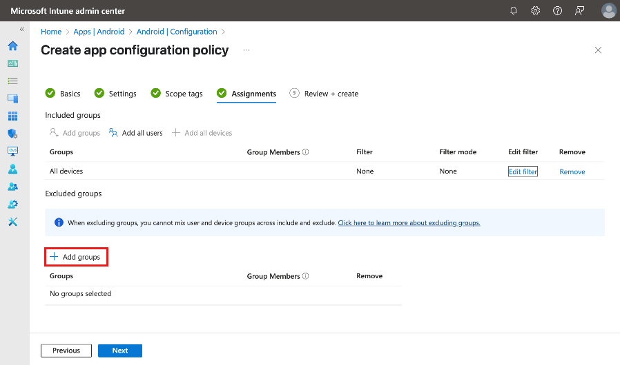Screenshot of the Assignments tab in the pane for creating an app configuration policy.