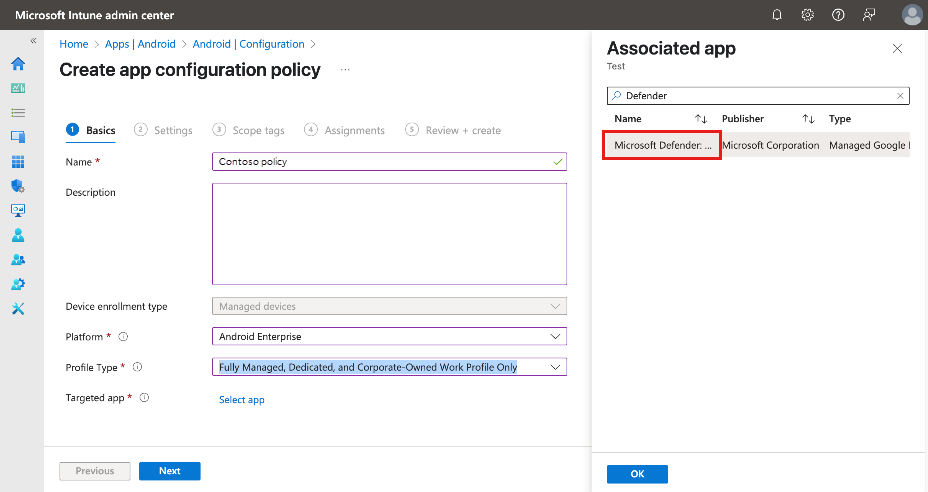 Screenshot of the Basics tab in the pane for creating an app configuration policy.