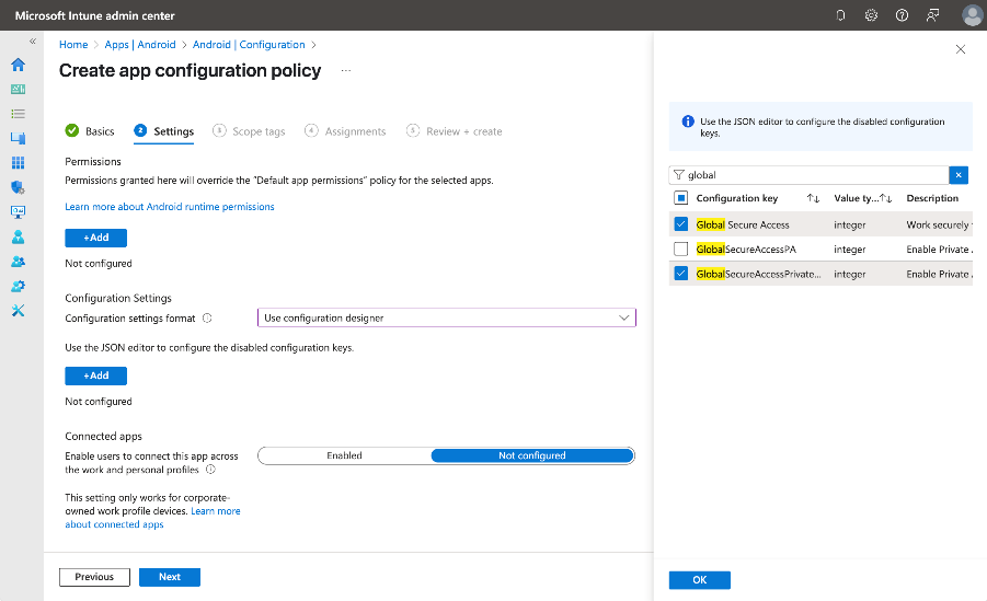 Screenshot of the Settings tab in the pane for creating an app configuration policy.