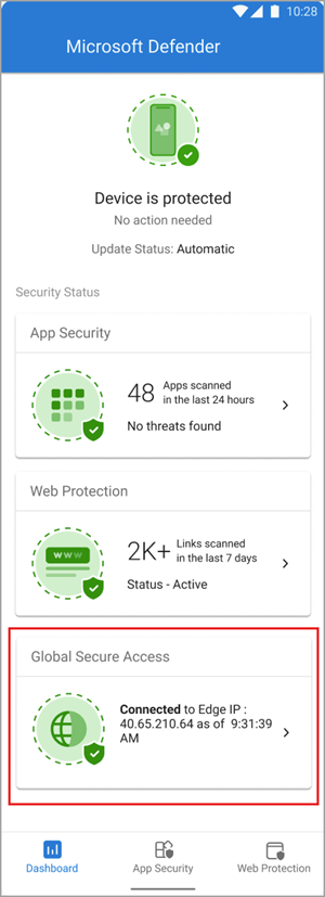 Screenshot of the Global Secure Access tile on the dashboard of the Defender app.
