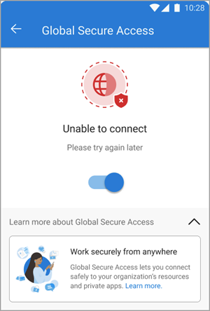 Screenshot of a Global Secure Access client that's unable to connect.