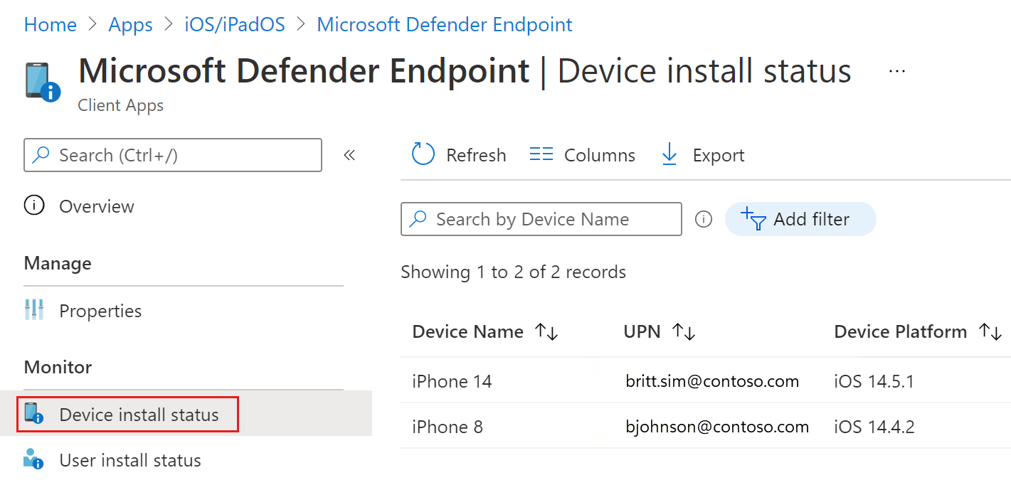 Screenshot that shows a list of installed devices on the pane for device installation status.