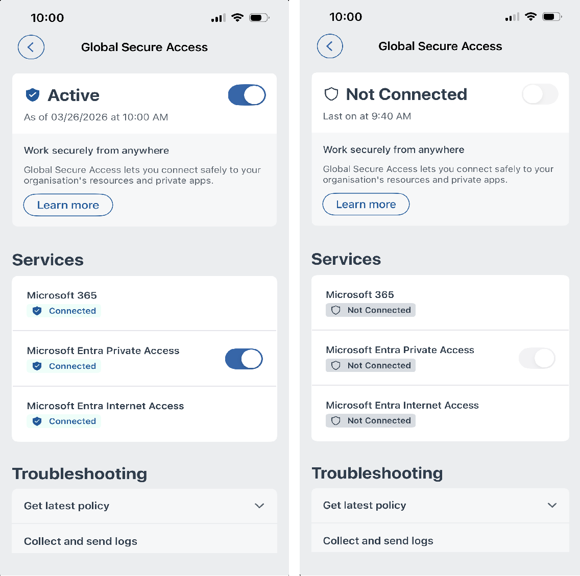 Screenshot of the Global Secure Access client on iOS that shows both the Active and Not Connected status screens.