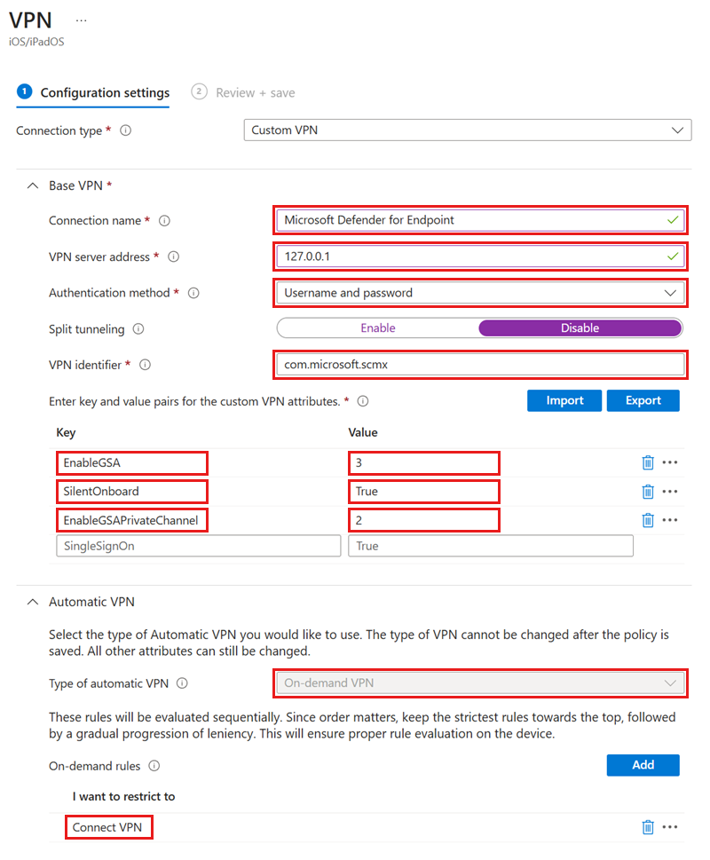 Screenshot of example setup parameters in VPN configuration settings.