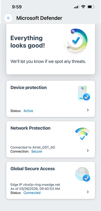 Screenshot of the Microsoft Defender dashboard for iOS.