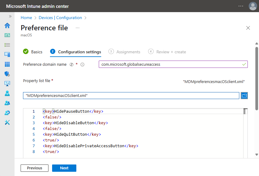 Screenshot of the configuration step in the Microsoft Intune admin center, showing sample XML code.