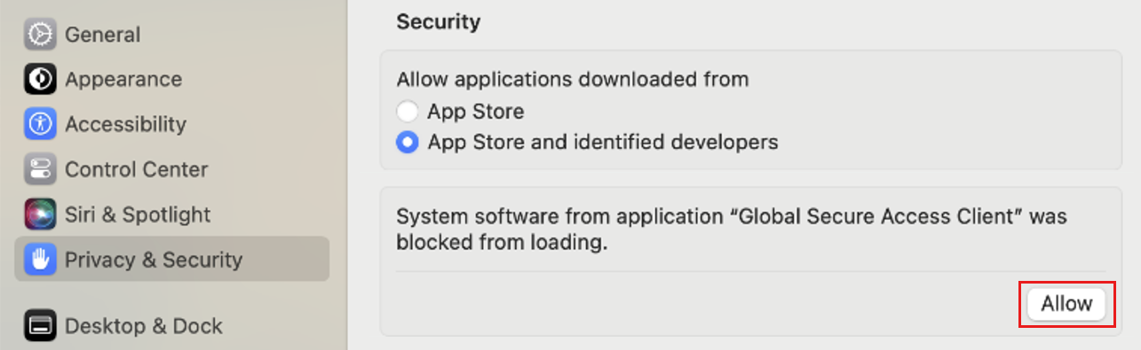 Screenshot of the system settings, open to the options for privacy and security, showing a blocked application message with the Allow button highlighted.