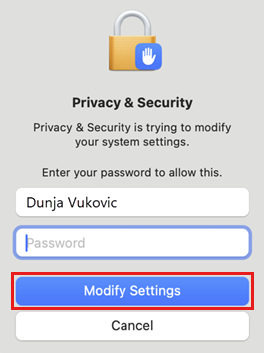 Screenshot of the Privacy & Security dialog requesting sign-in credentials, with the Modify Settings button highlighted.