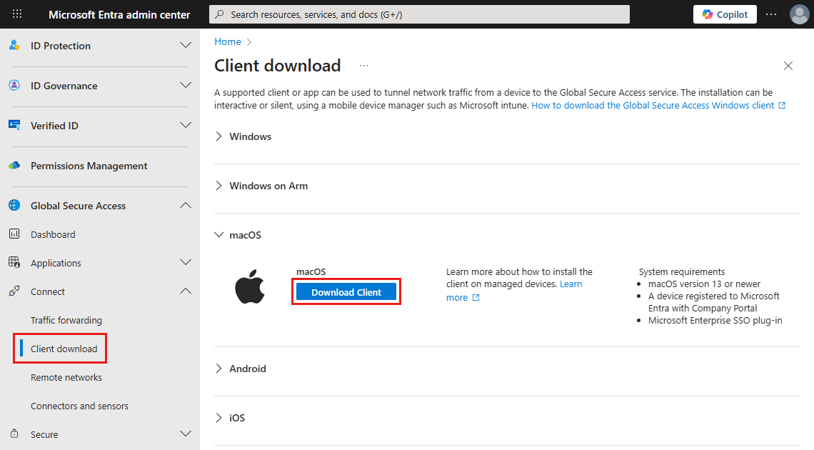 Screenshot of the pane for client downloads. The Download Client button is highlighted.