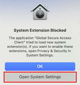 Screenshot of the System Extension Blocked dialog with Open System Settings highlighted.