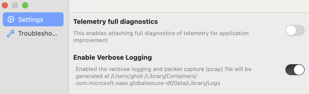 Screenshot of the macOS Settings tab.