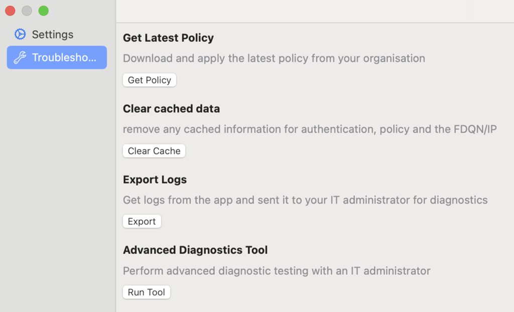 Screenshot of the macOS Troubleshooting tab.