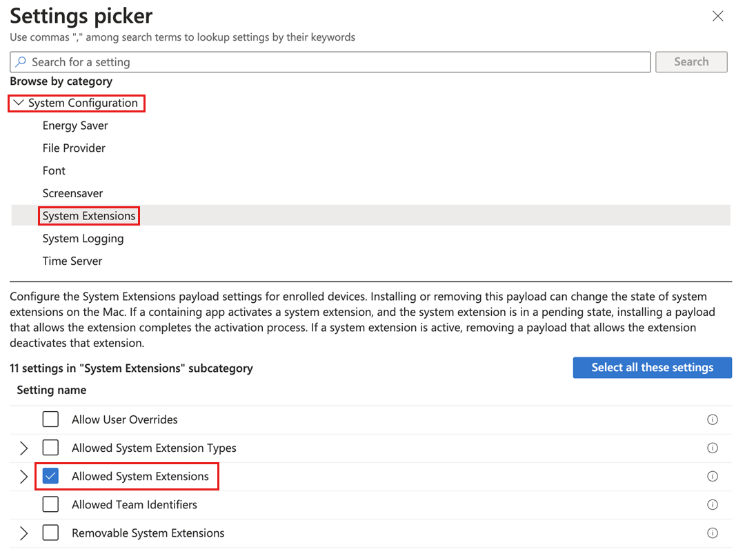 Screenshot of the settings picker with the category and subcategory selections highlighted.