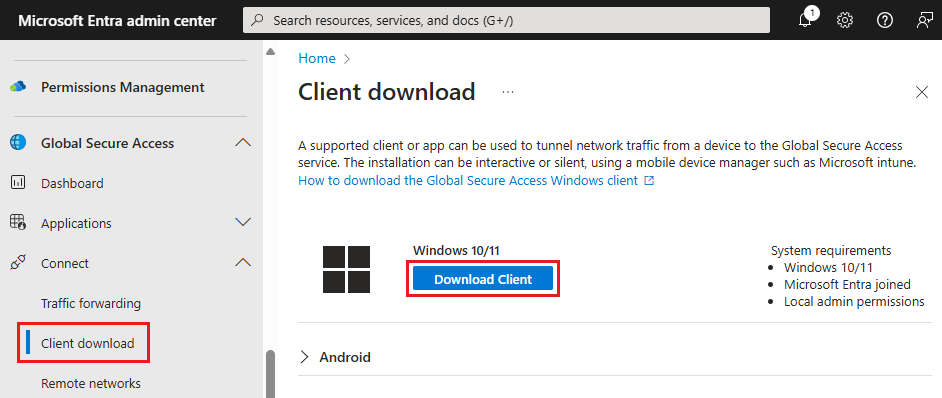 Screenshot of the pane for client download with the Download Client button highlighted.