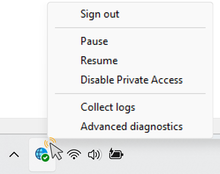Screenshot that shows the complete list of Global Secure Access client actions.