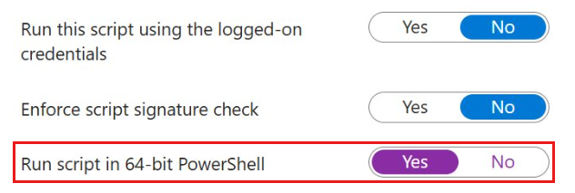 Screenshot of the tab for creating custom script settings, with the option for running the script in 64-bit PowerShell set to Yes.