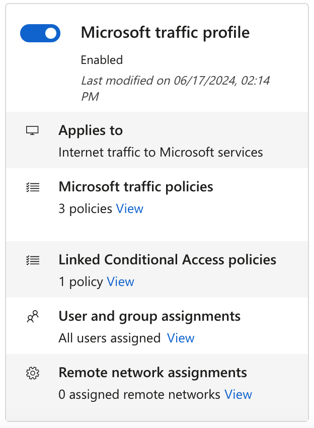 Screenshot that shows traffic forwarding profiles with Conditional Access link highlighted.