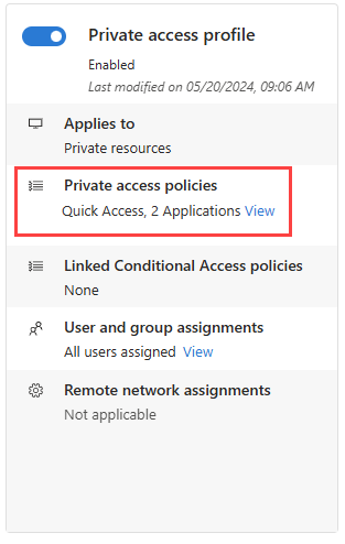 Screenshot that shows the Private Access profile, with the view applications link highlighted.