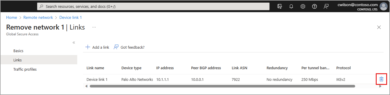Screenshot that shows the delete option in the device links page.