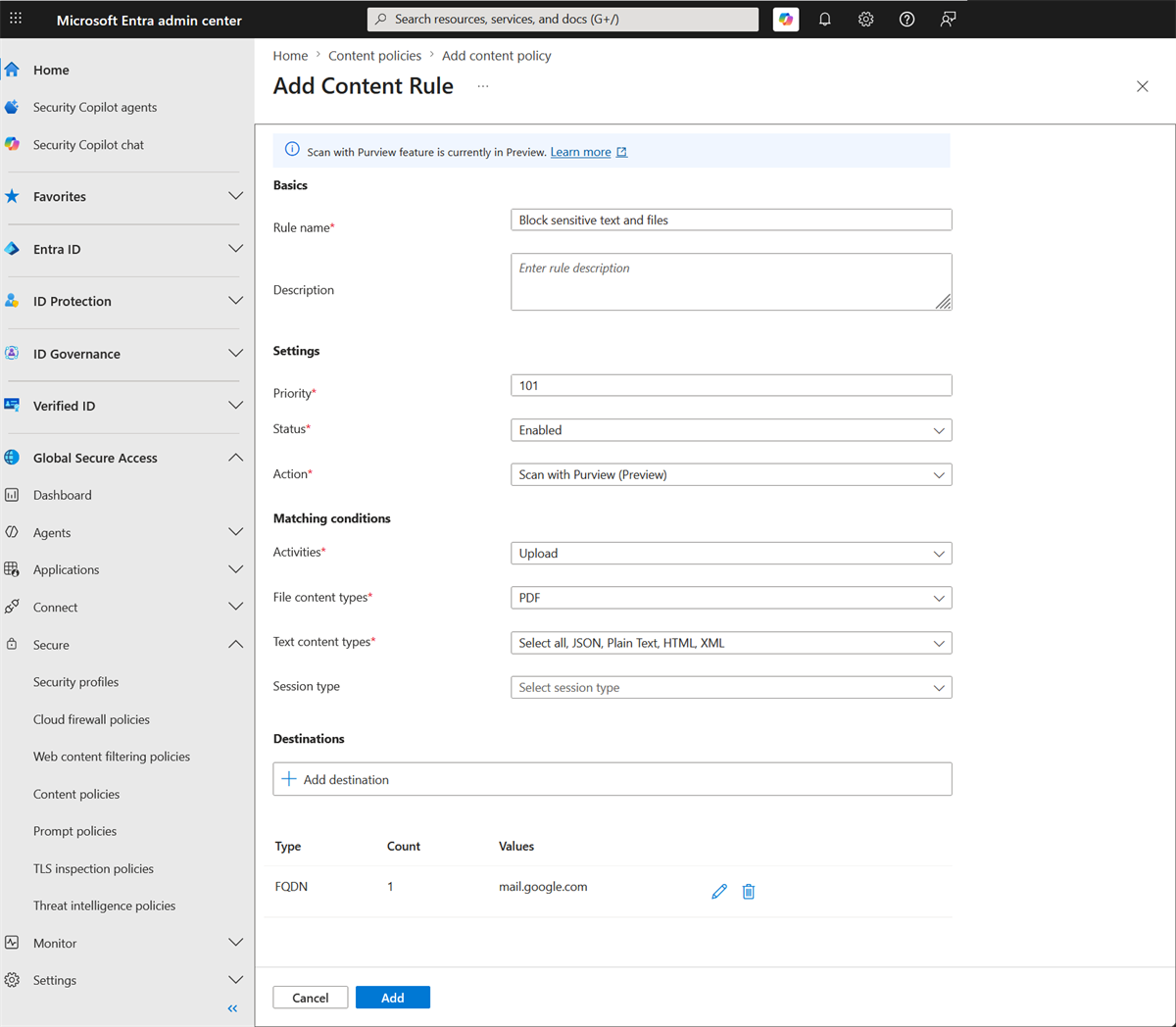 Screenshot of the Add Content Rule page showing the Matching conditions section with Activities set to Upload, and the Content types dropdown expanded with PDF selected.