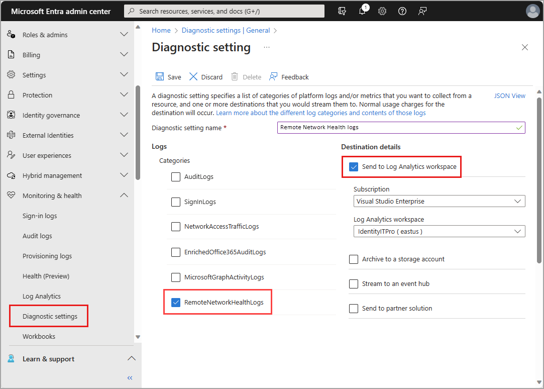 Screenshot that shows the Microsoft Entra diagnostic settings page.