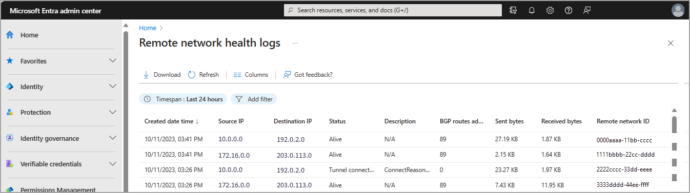 Screenshot that shows the Remote network health logs.