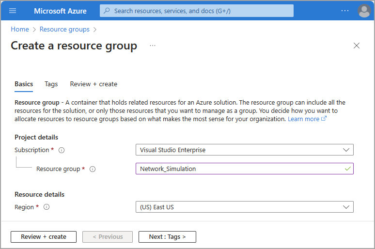 Screenshot that shows the create a resource group fields.