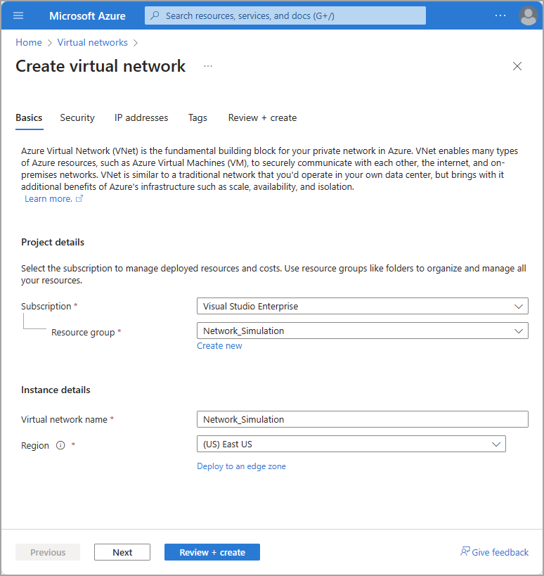 Screenshot that shows the create a virtual network fields.