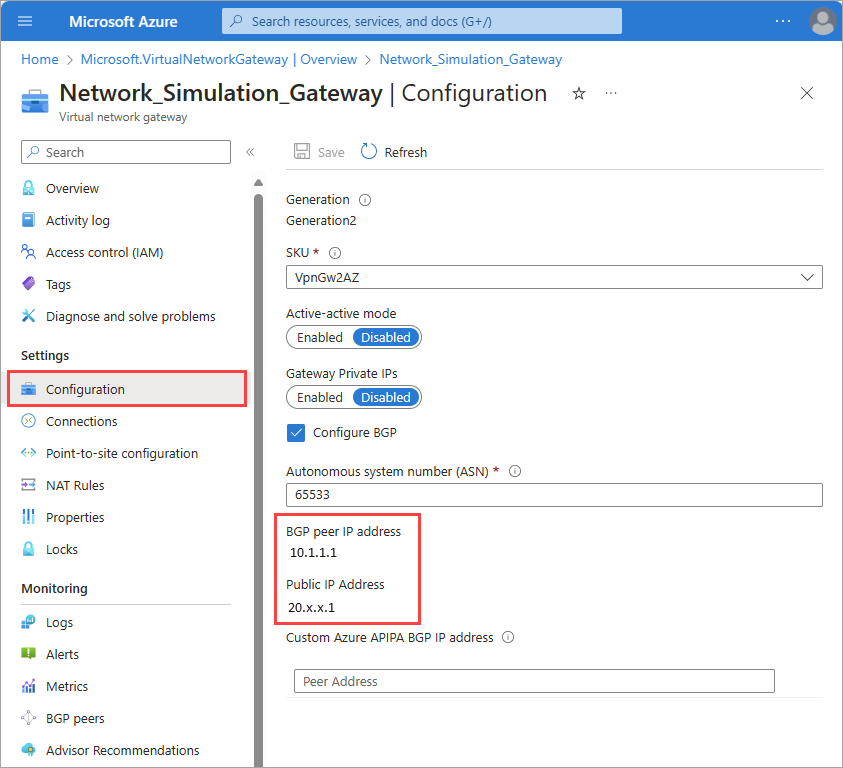 Screenshot that shows how to find the public IP addresses of a virtual network gateway.