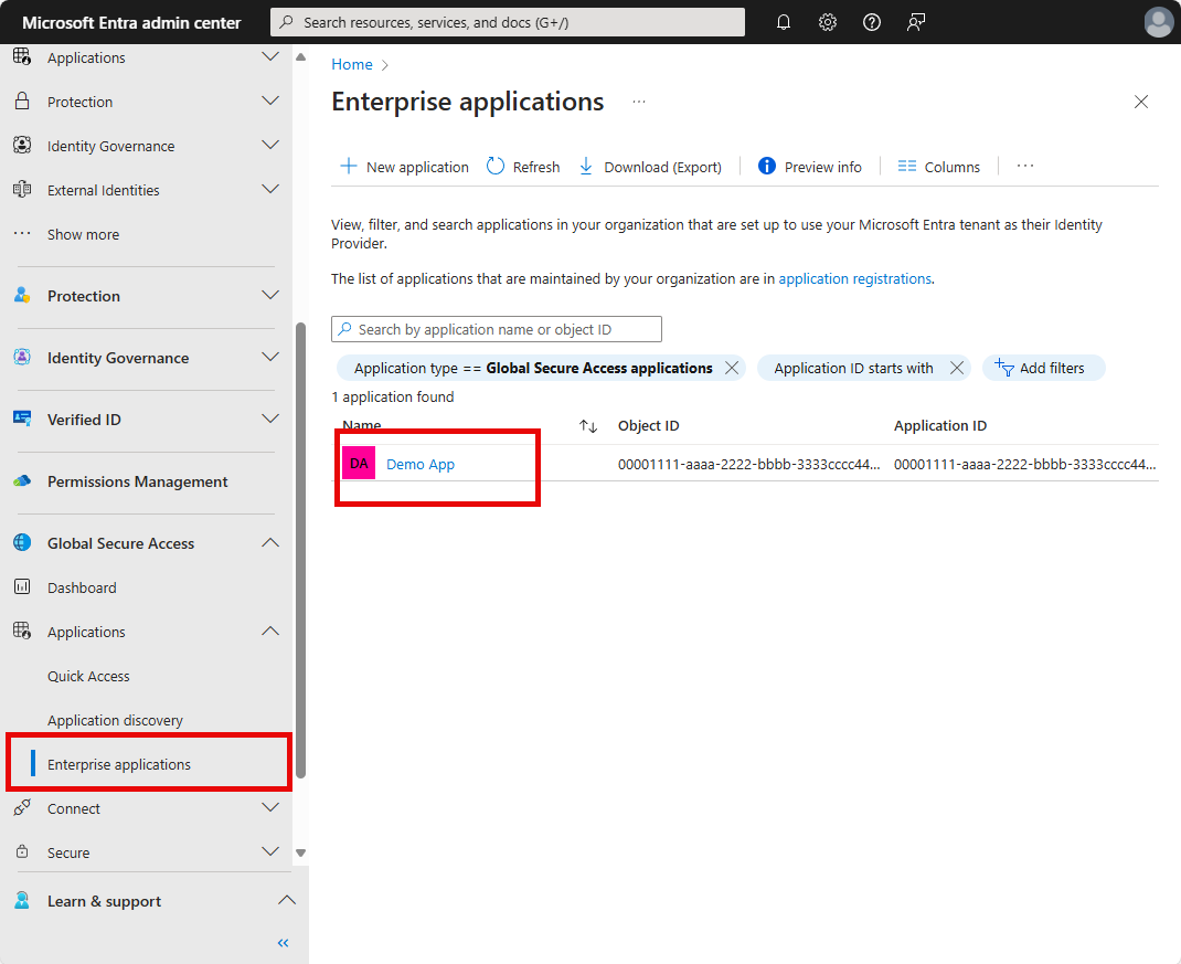 Screenshot that shows the Enterprise applications details.