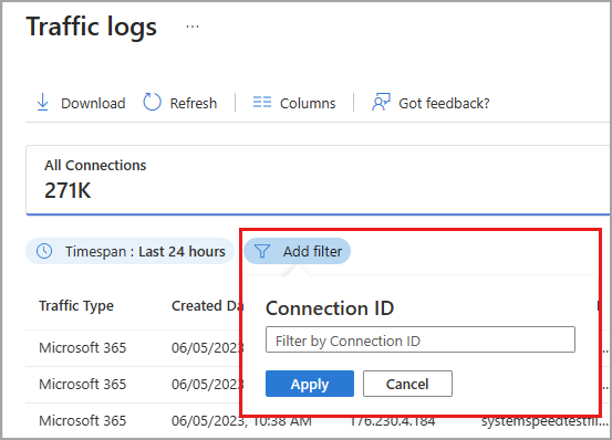Screenshot that shows the traffic log filter.