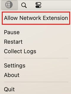 Screenshot of the system tray menu with the Allow Network Extension option highlighted.