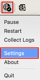 Screen shot of the system tray menu with the Settings option highlighted.