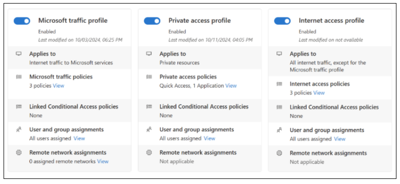 Screenshot of profile options for traffic, private access, and internet access.