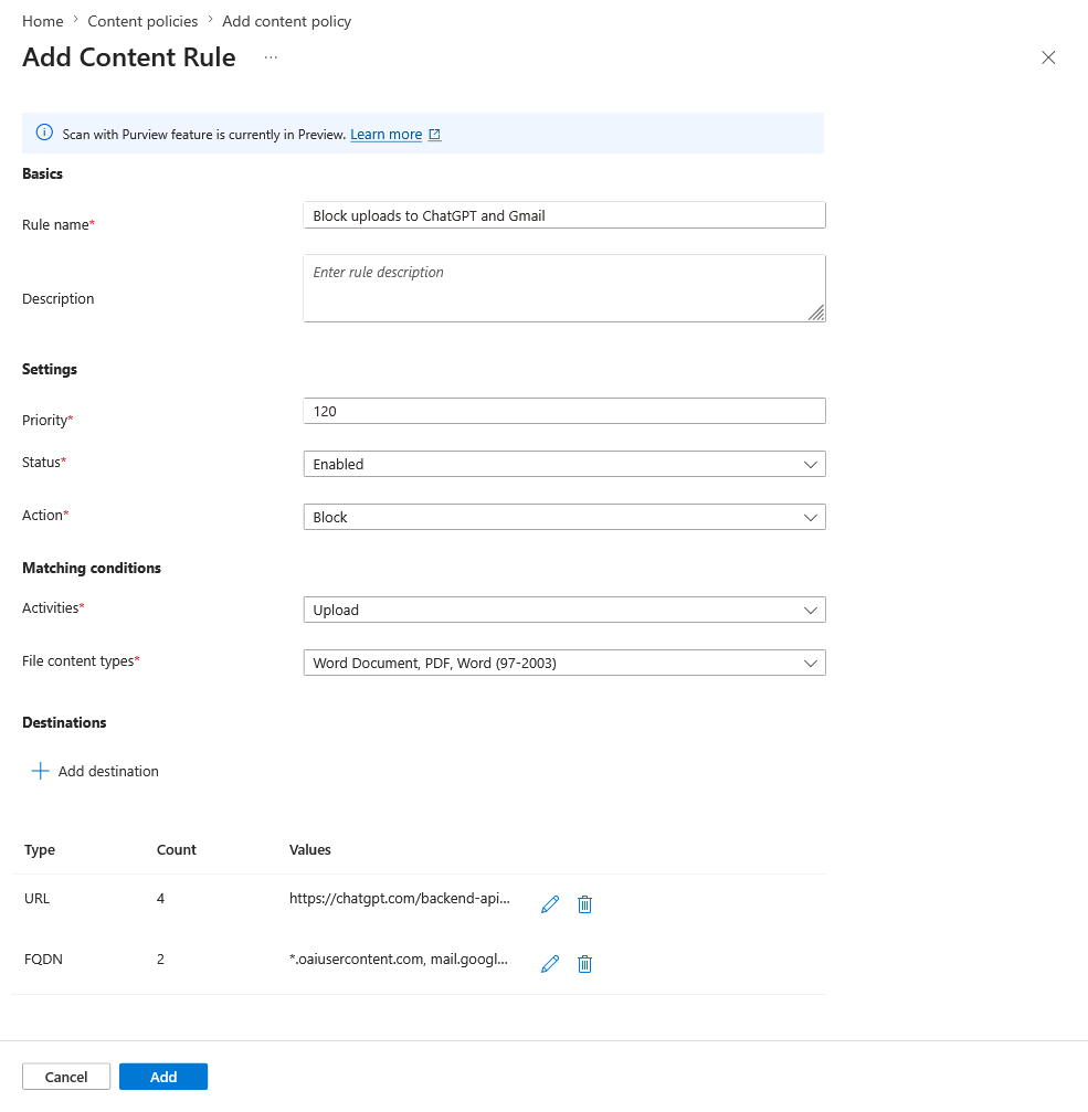 Screenshot that shows the content policy rule configuration.