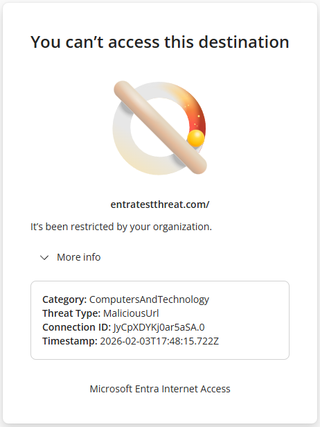Screenshot that shows the threat intelligence block page showing the threat type as MaliciousUrl.
